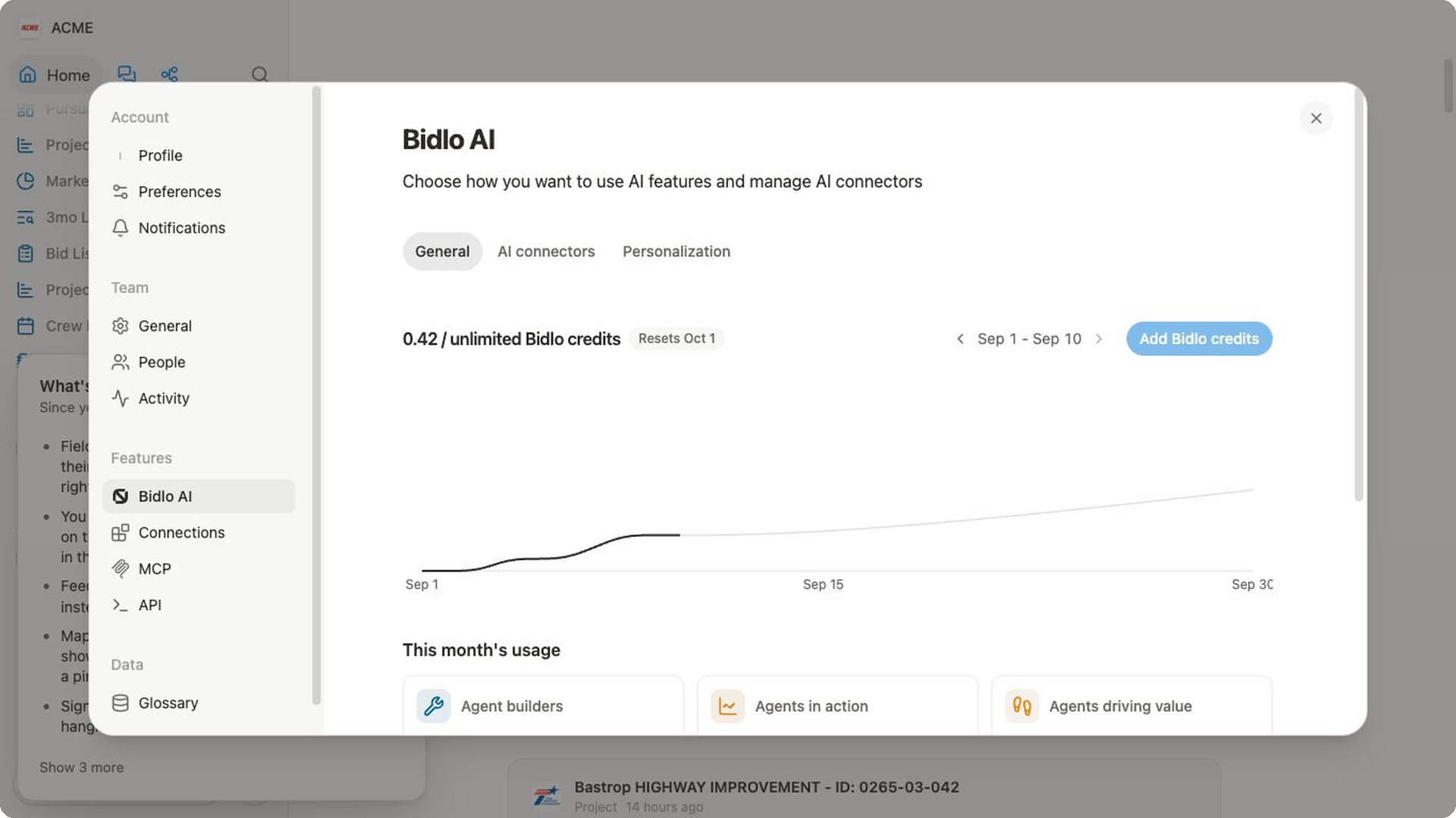 The ACME Bidlo AI report shows the selected month, credit total, reset date, cumulative usage chart, and monthly agent-activity summary.