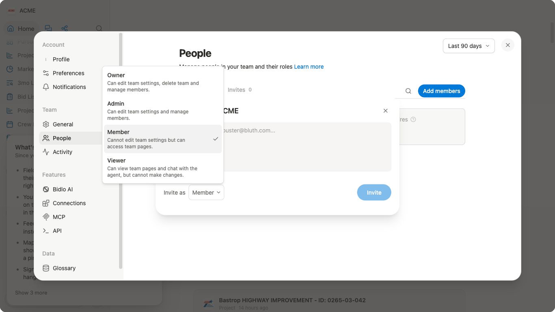 The Add members role menu compares Owner, Admin, Member, and Viewer permissions before an invitation is sent.