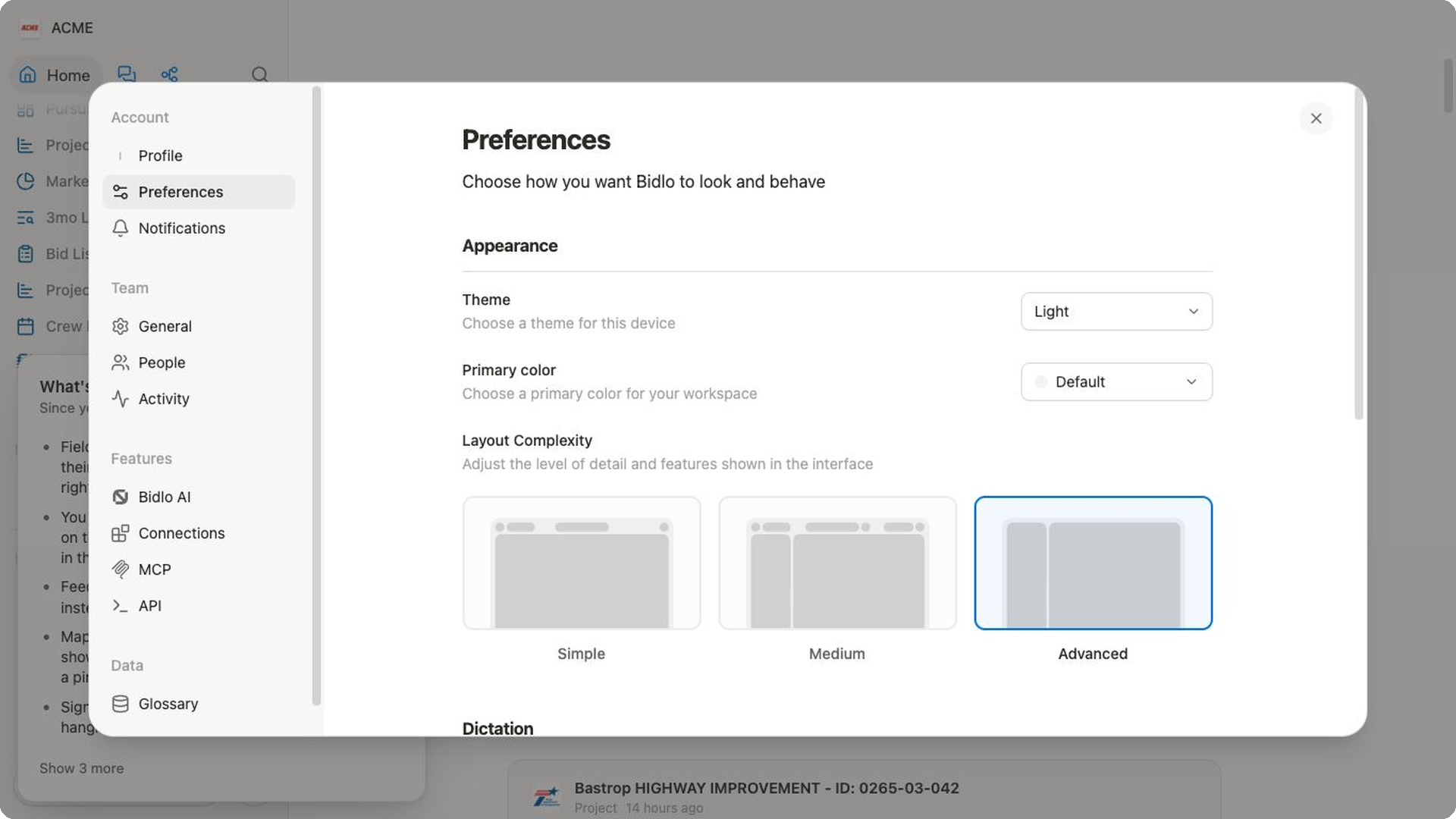 Preferences in the ACME team show the Light theme, default primary color, and Advanced layout complexity selected.