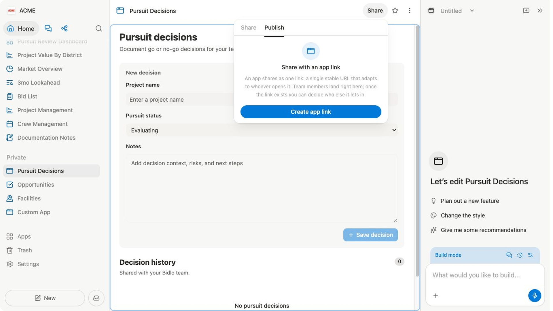 The Publish tab explains app-link behavior and offers the Create app link action.