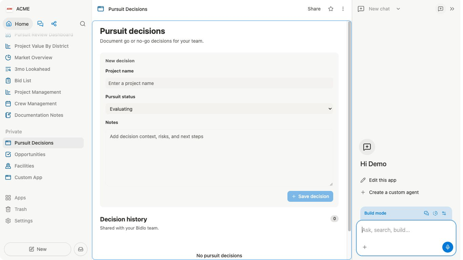 The Pursuit Decisions app open beside its app-specific Build mode chat and change prompt.