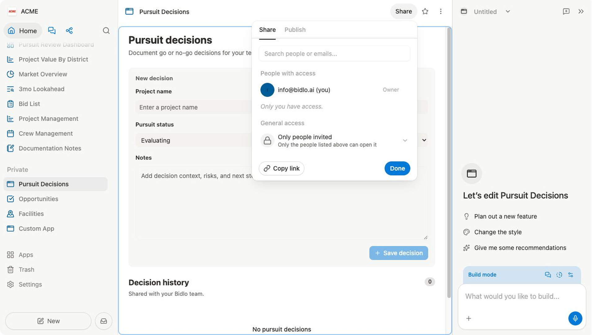 The Pursuit Decisions Share tab showing People with access, the owner, general access, and Copy link.