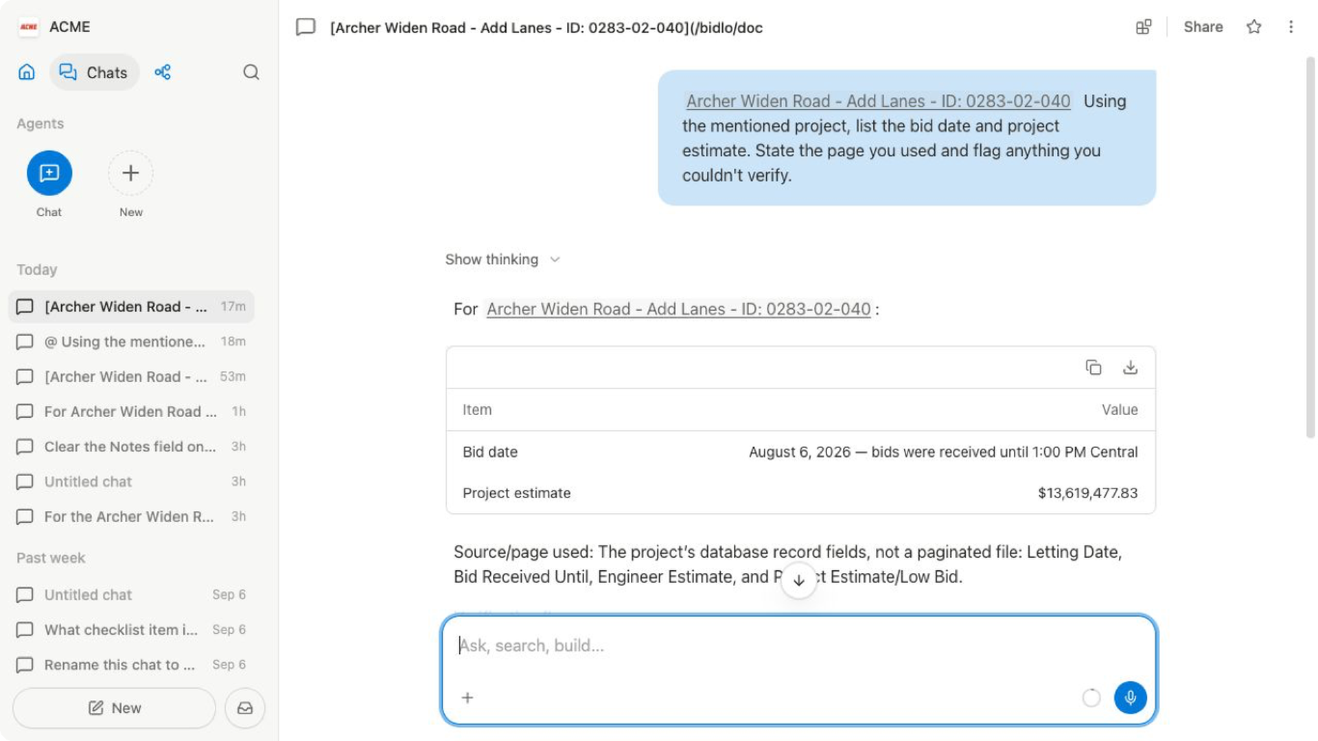The Archer Widen Road project is mentioned in Bidlo AI with the revised documentation prompt, followed by its bid date, project estimate, and the source fields used.