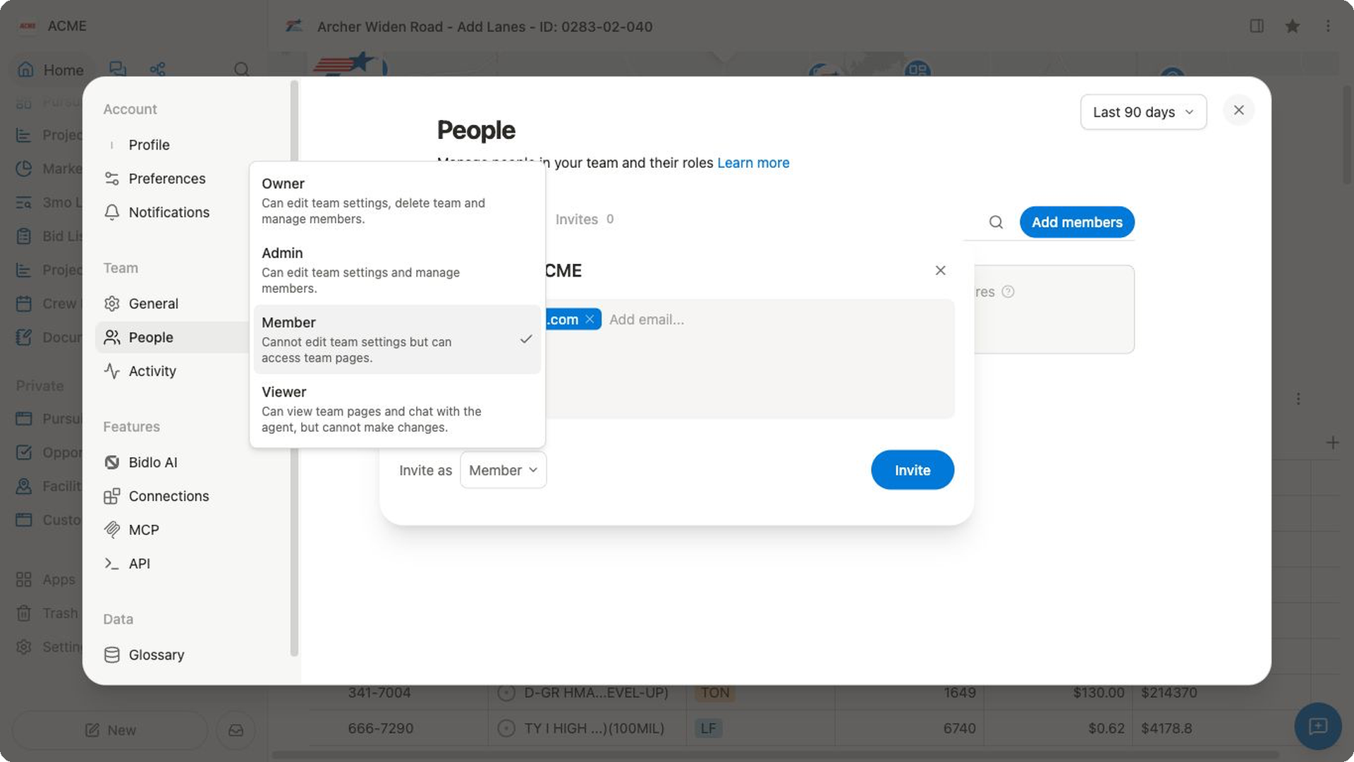 The Add members dialog with a safe example address and the Owner, Admin, Member, and Viewer role choices open.