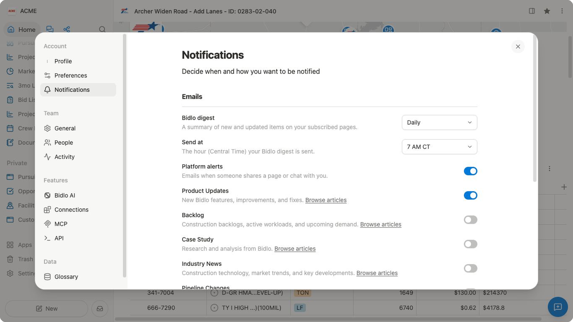 Notification settings showing the Bidlo digest cadence, send time, platform alerts, optional topics, and device controls.
