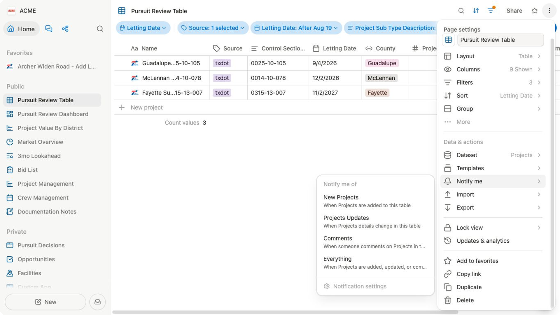 The Pursuit Review Table page settings with Notify me choices for new projects, project updates, comments, or everything.