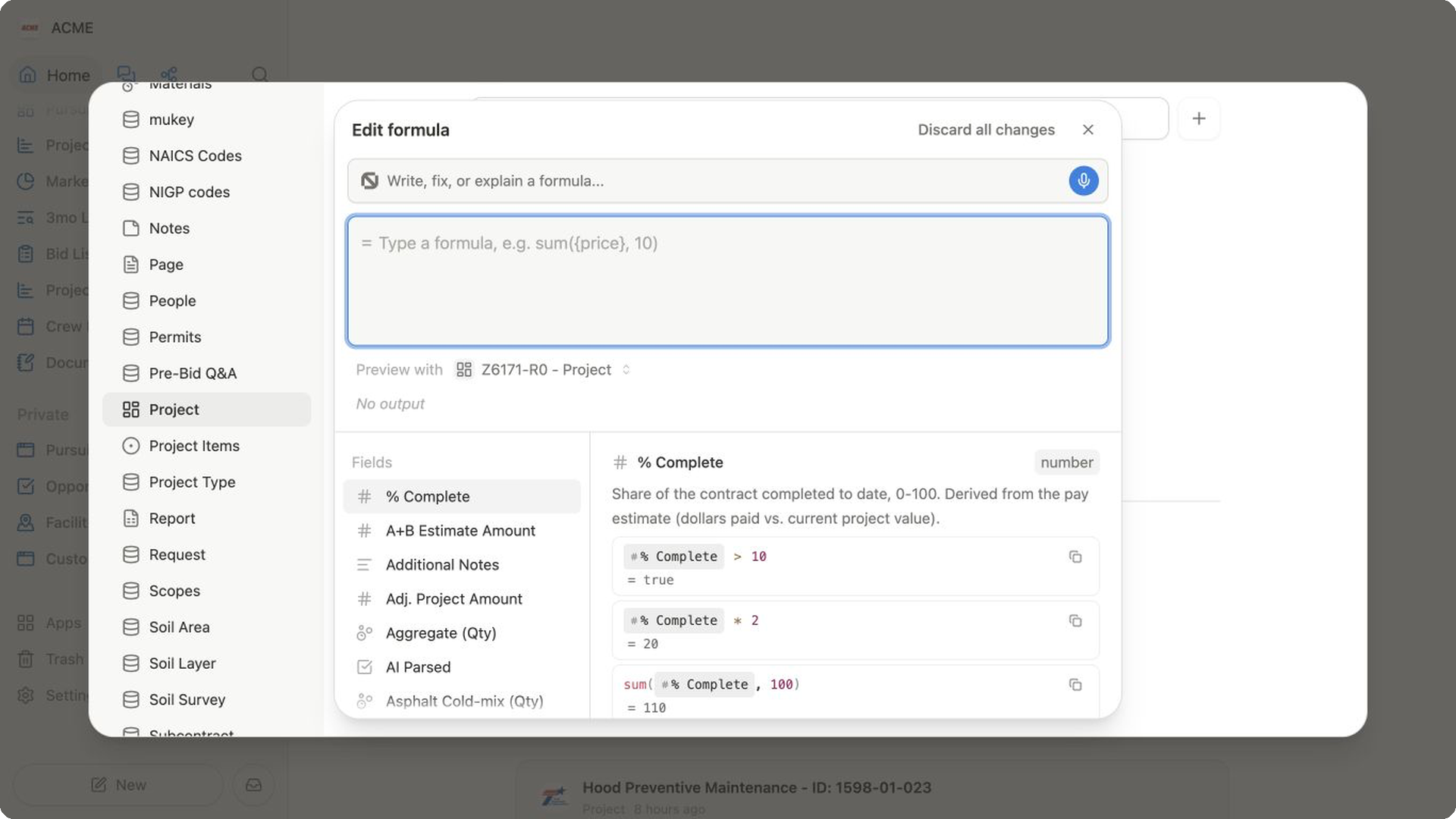 The formula editor, including the expression area, record preview, fields, and examples.