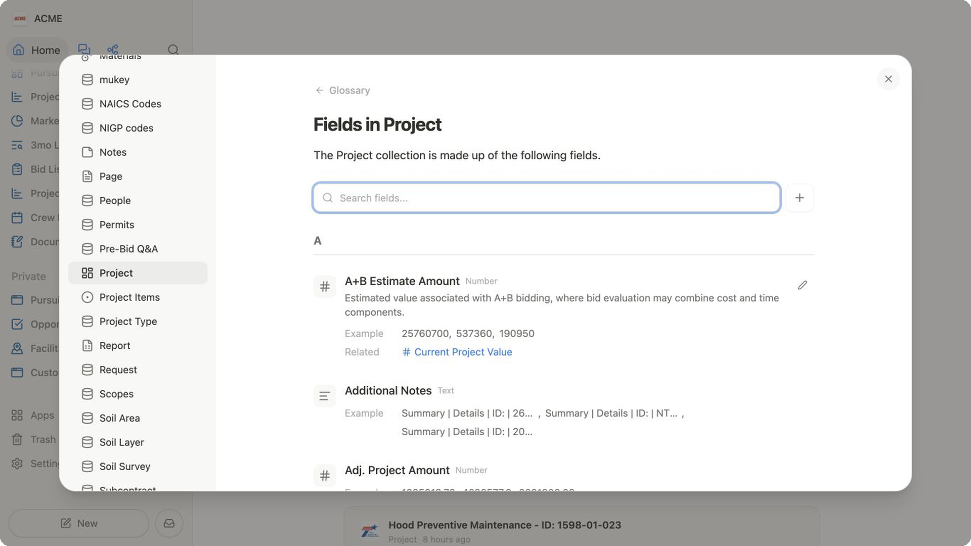 The Project collection open in the Glossary with searchable field definitions.