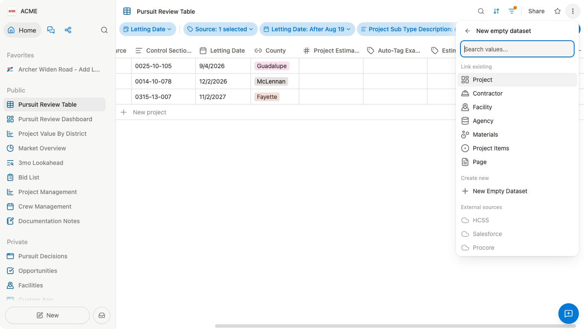The new relation field flow in the Pursuit Review Table, showing options to link an existing collection or create a new one.