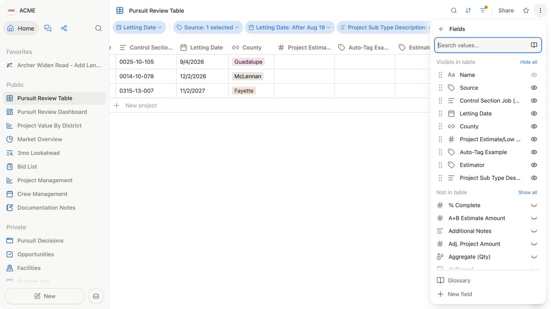 The Fields panel in a table showing visible and hidden fields.