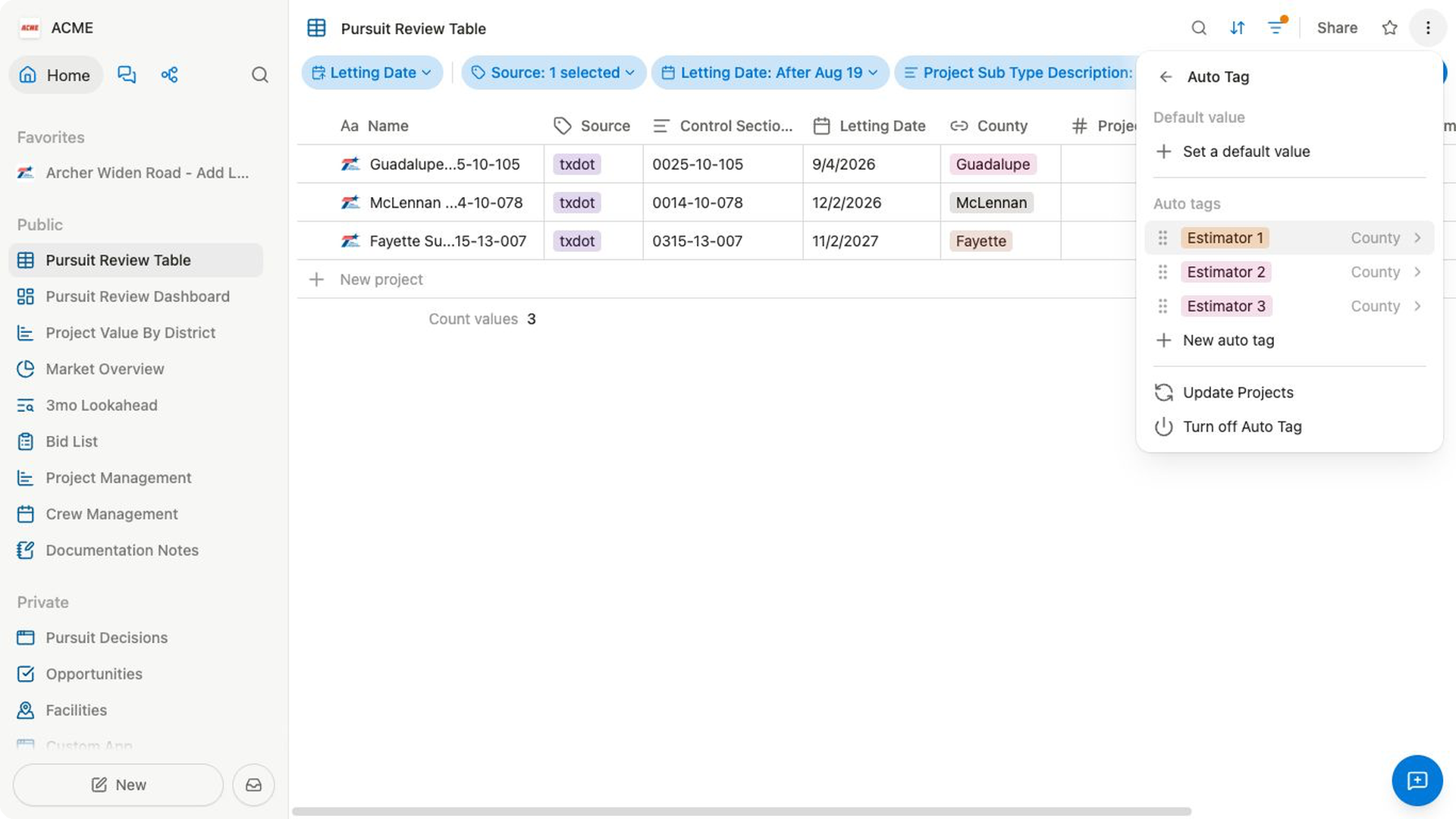 The Estimator Auto Tag panel open from the Pursuit Review Table, showing three rules and the update action.