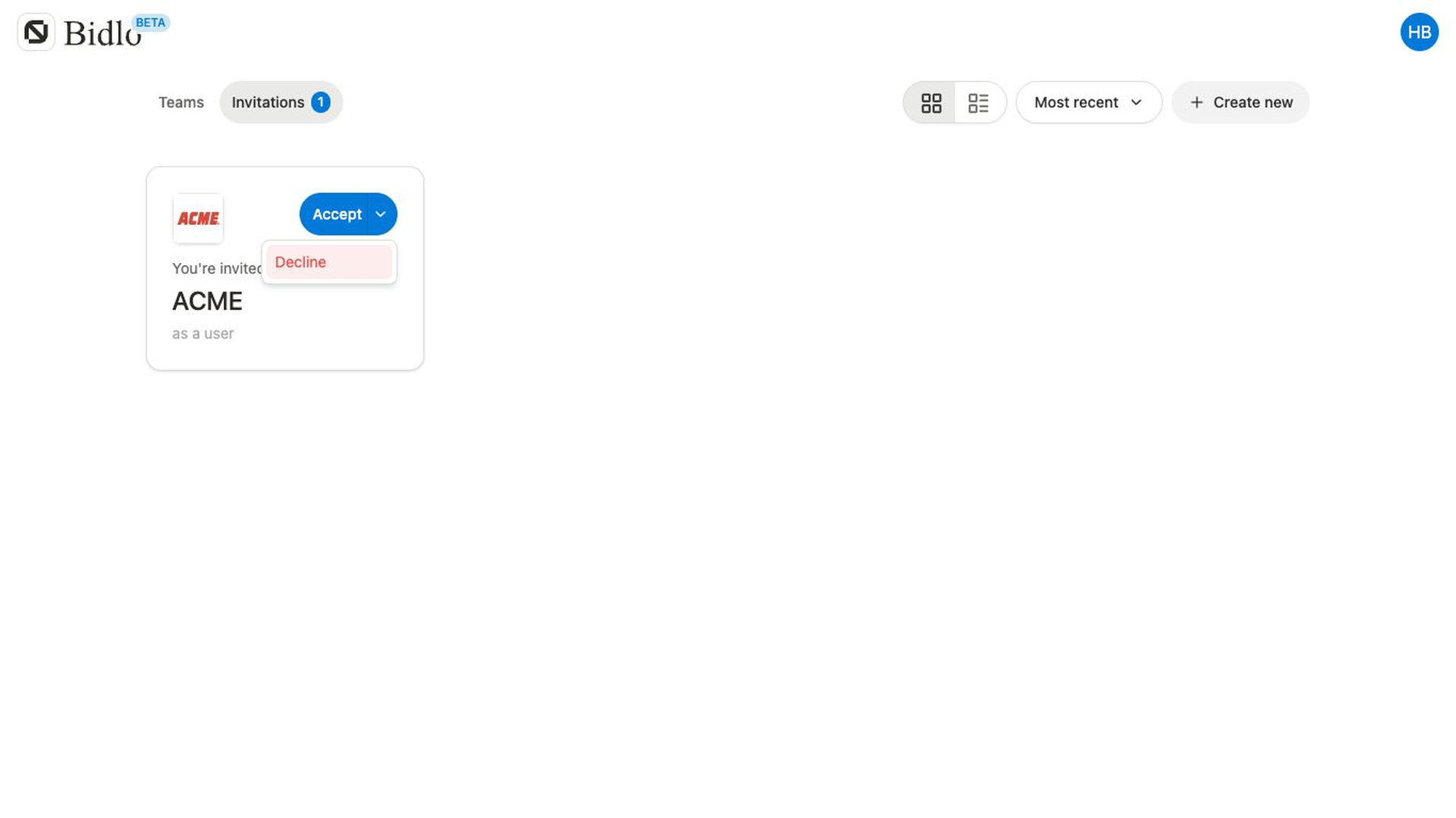 The Invitations page shows the Accept split button with its Decline menu open for the ACME team invitation.