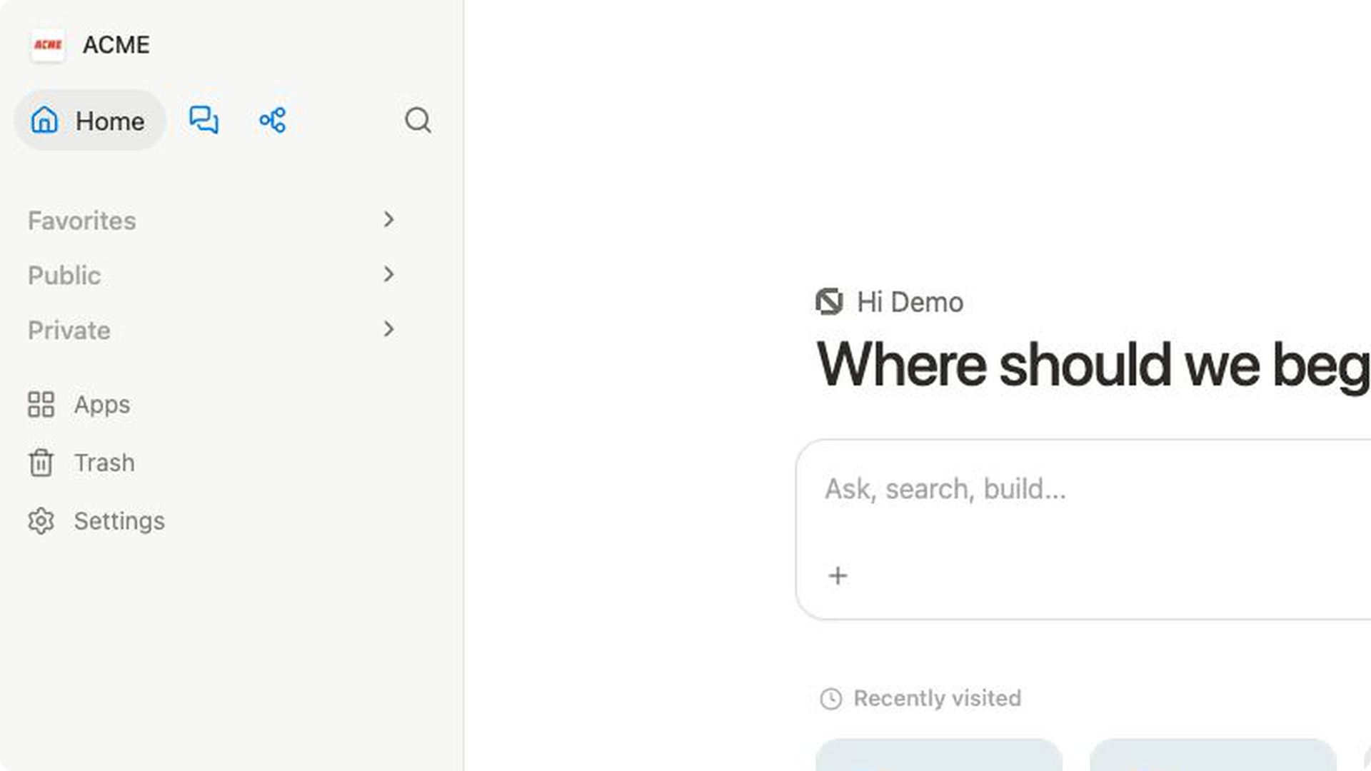 The ACME workspace sidebar shows the team name, Home, Chats, Apps, public, and private areas beside the Home screen.