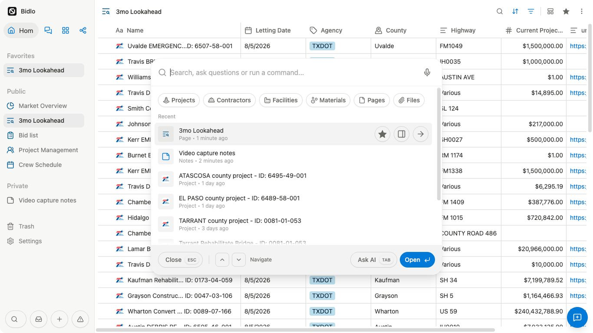 Global Search open in Bidlo, with Projects, Contractors, Facilities, Materials, Pages, and Files available above the results.