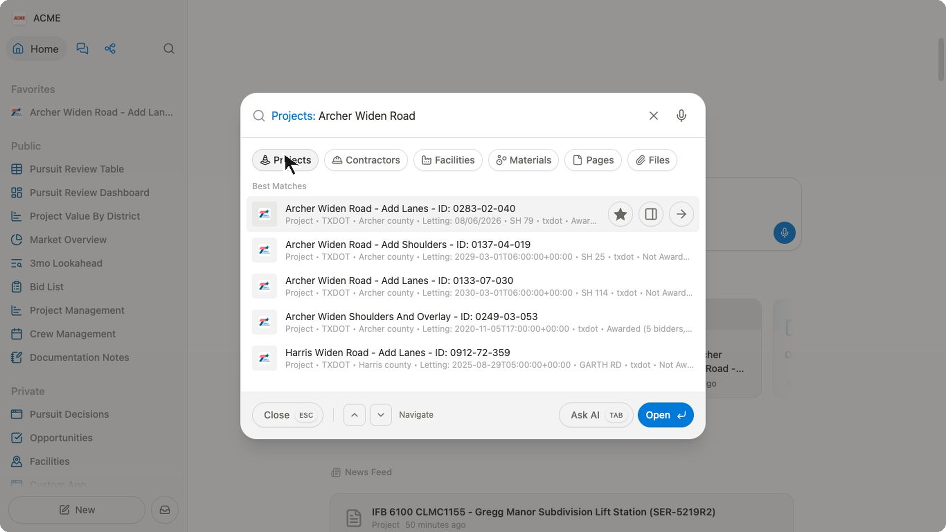 Global Search open in Bidlo, with Projects, Contractors, Facilities, Materials, Pages, and Files available above the results.