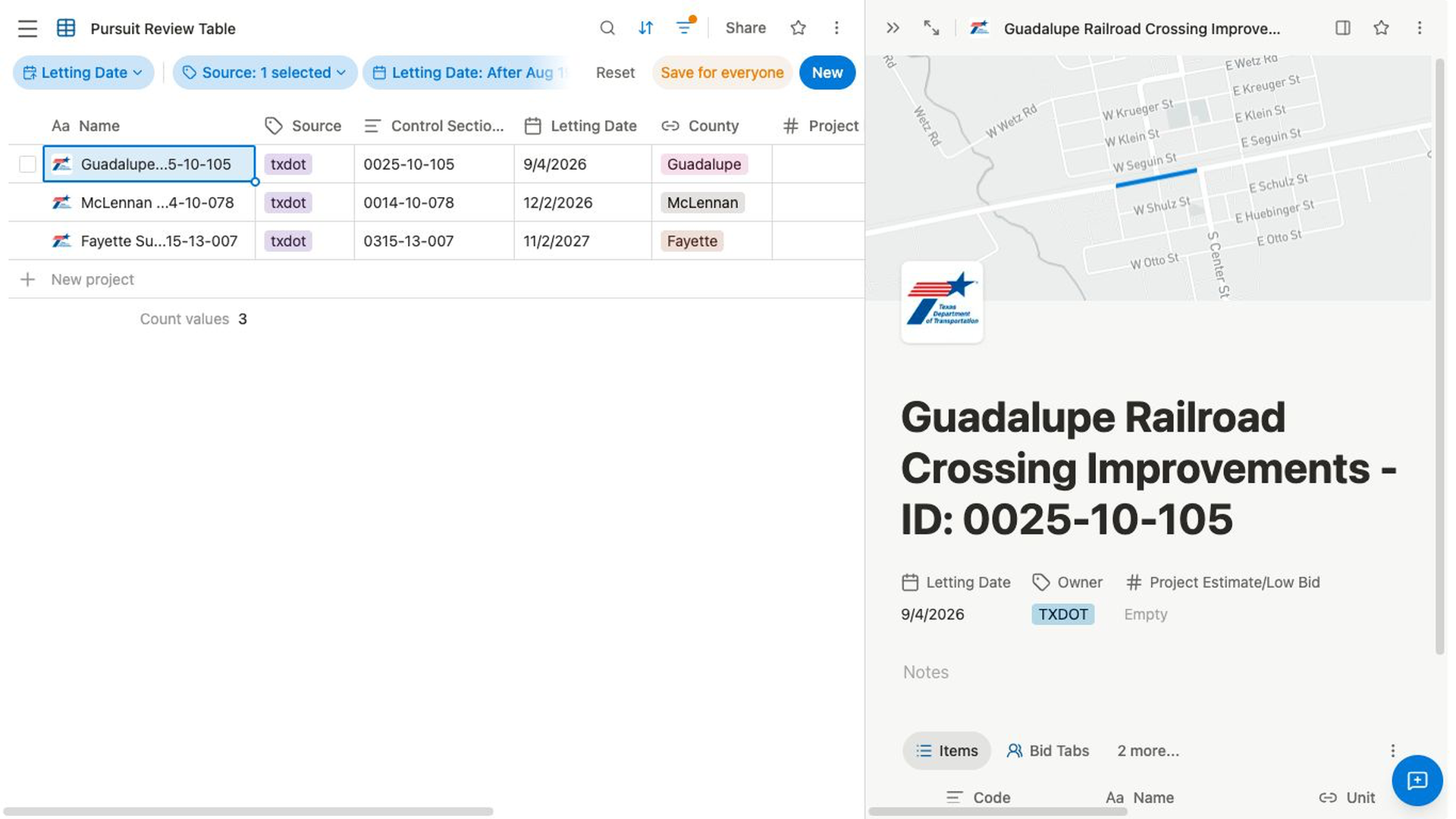 A project from the pursuit-review table is open beside its source view, showing the map, key project fields, and Items tab together.