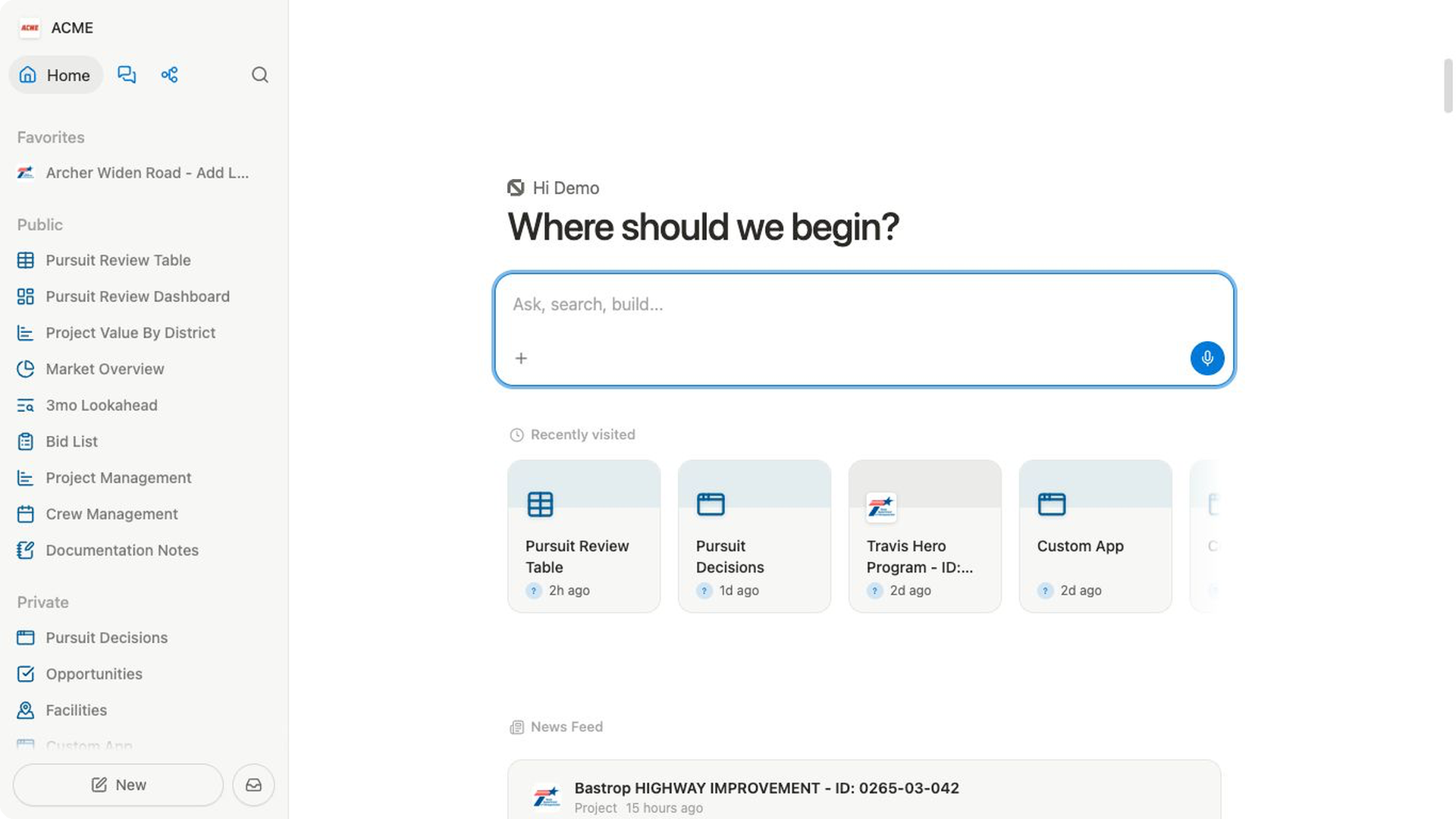 The ACME workspace Home page keeps navigation, shared and private pages, the main Bidlo prompt, recently visited work, and the news feed in one view.