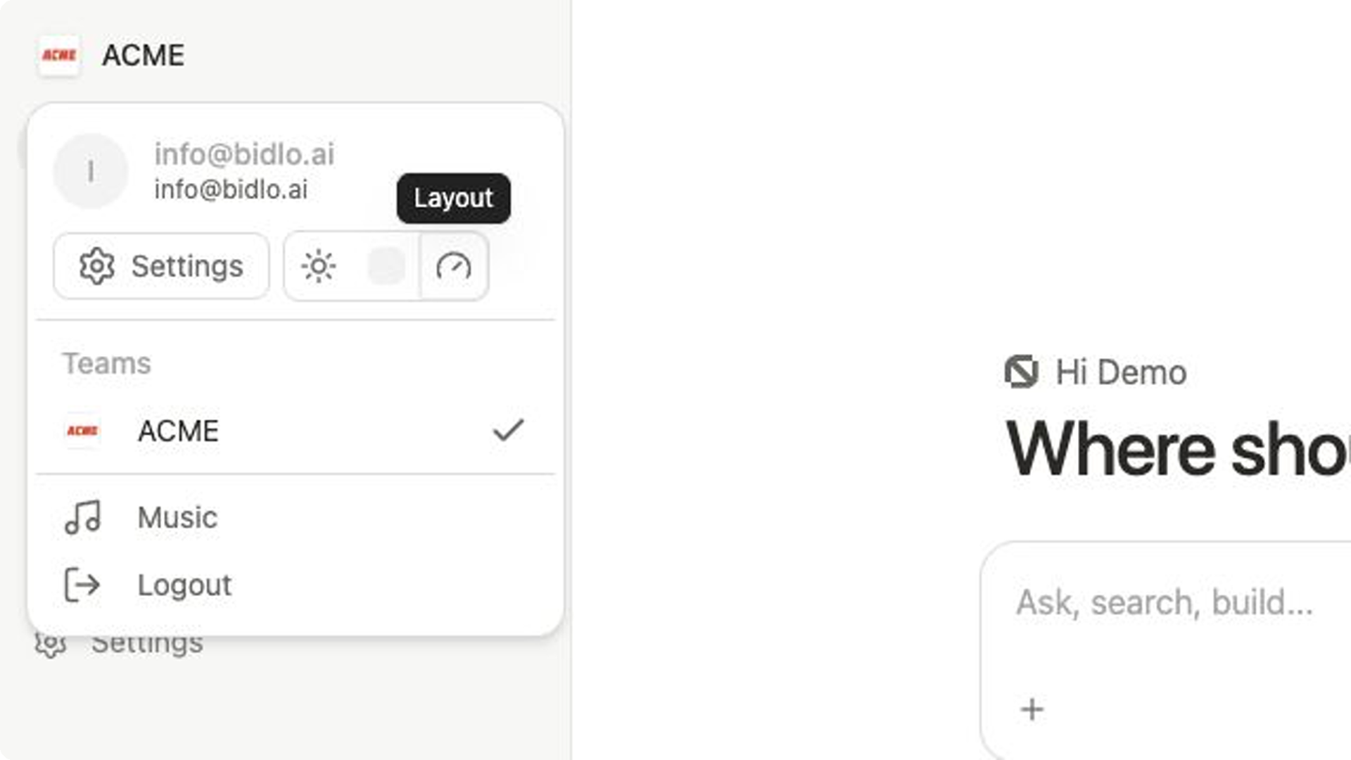 The ACME account menu in Advanced mode shows the gauge-shaped Layout button with its Layout tooltip.