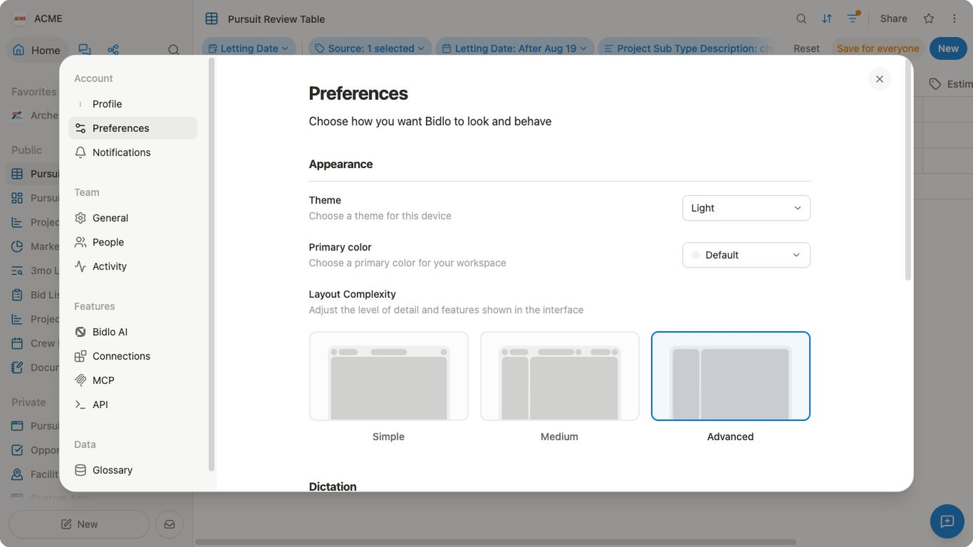 Preferences shows the Simple, Medium, and Advanced Layout Complexity choices, with Advanced selected in the ACME workspace.