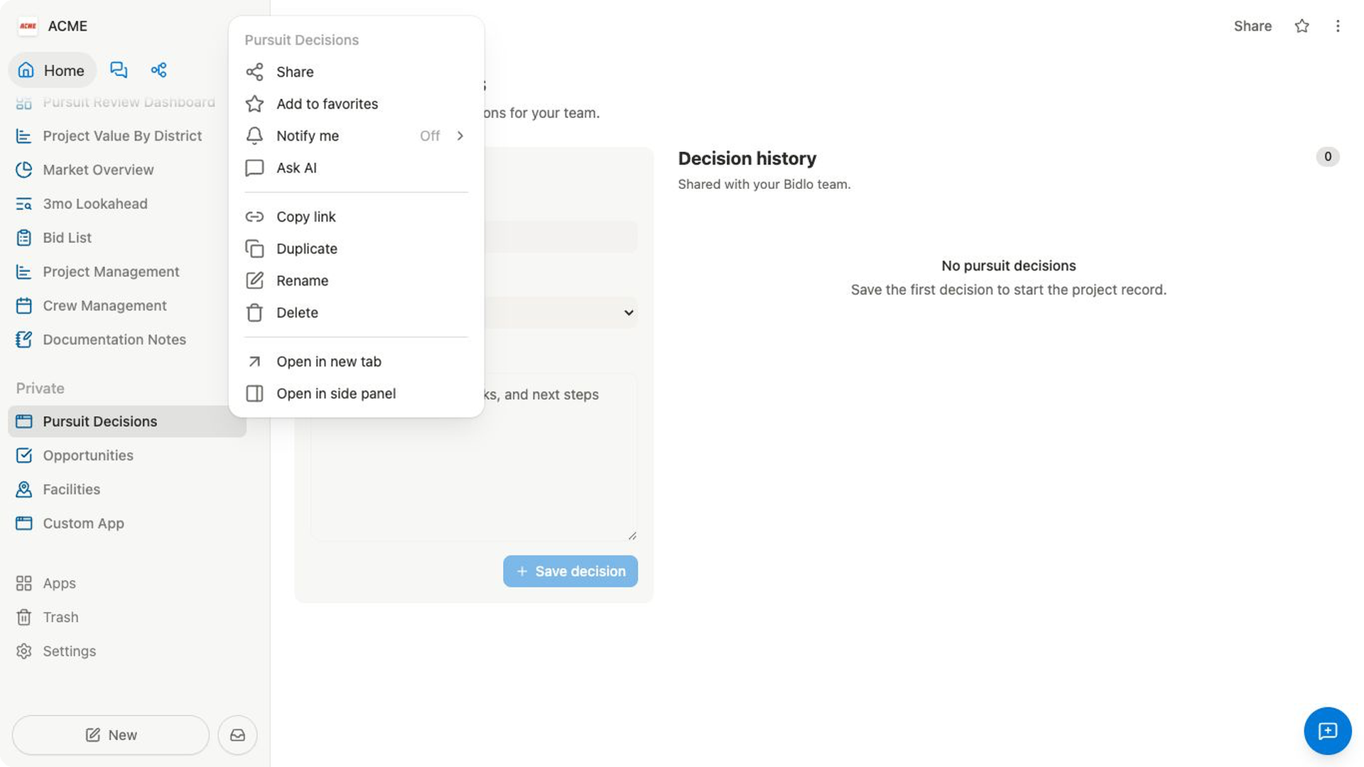 A normal ACME workspace page has its actions menu open with Duplicate, Rename, Delete, Copy link, and panel options visible.