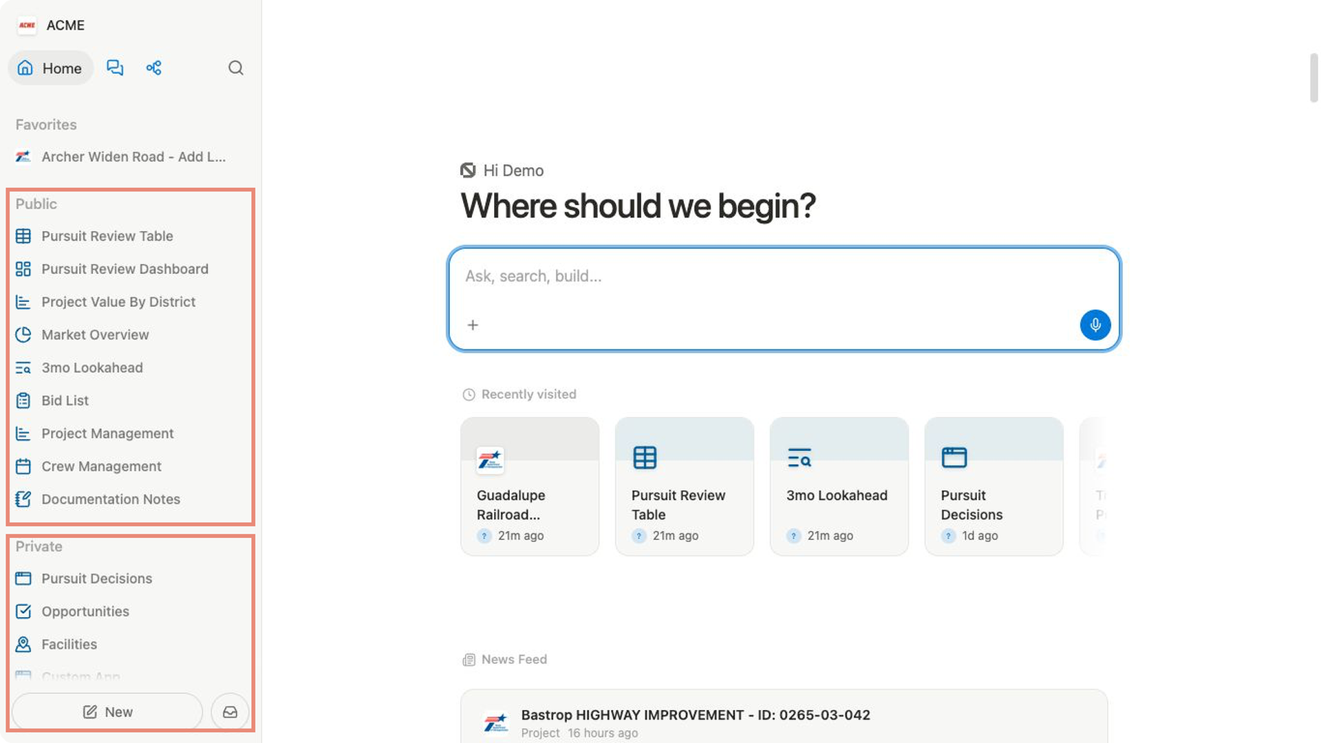 Separate pale coral outlines identify the Public and Private page sections in the ACME sidebar.