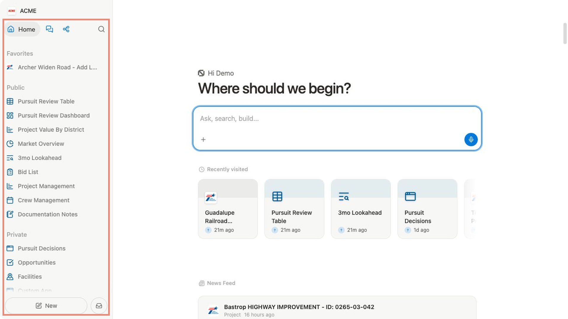 A pale coral outline identifies the complete ACME navigation sidebar, from the main areas and page sections through Apps, Trash, Settings, and New.