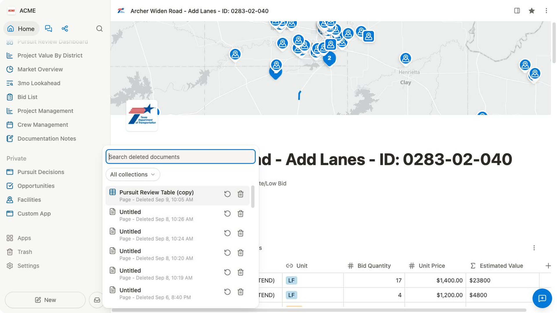 The ACME Trash list shows deleted pages with search, collection filtering, deletion dates, Restore controls, and permanent-delete controls.