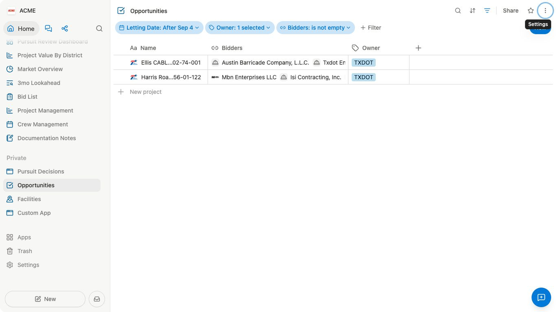An Opportunities table with letting-date, owner, and bidder filters and a visible Owner column showing TXDOT.