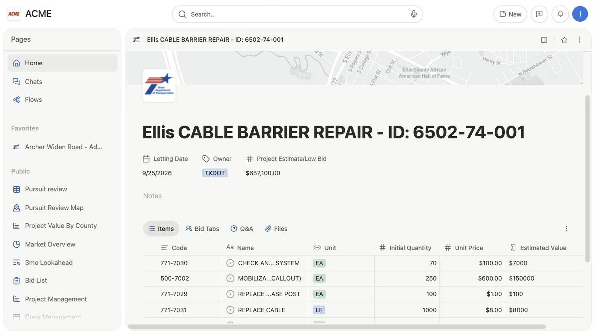 The Ellis CABLE BARRIER REPAIR project Items table showing item codes, quantities, unit prices, and estimated values with the Details sidebar closed.