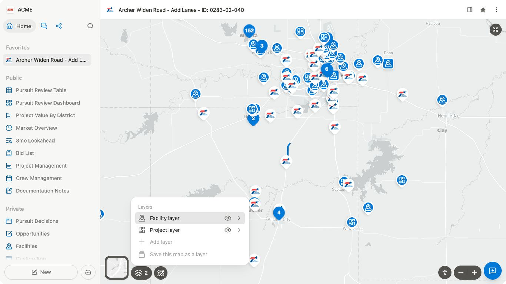 A project map with Facility and Project layers enabled around the current project.