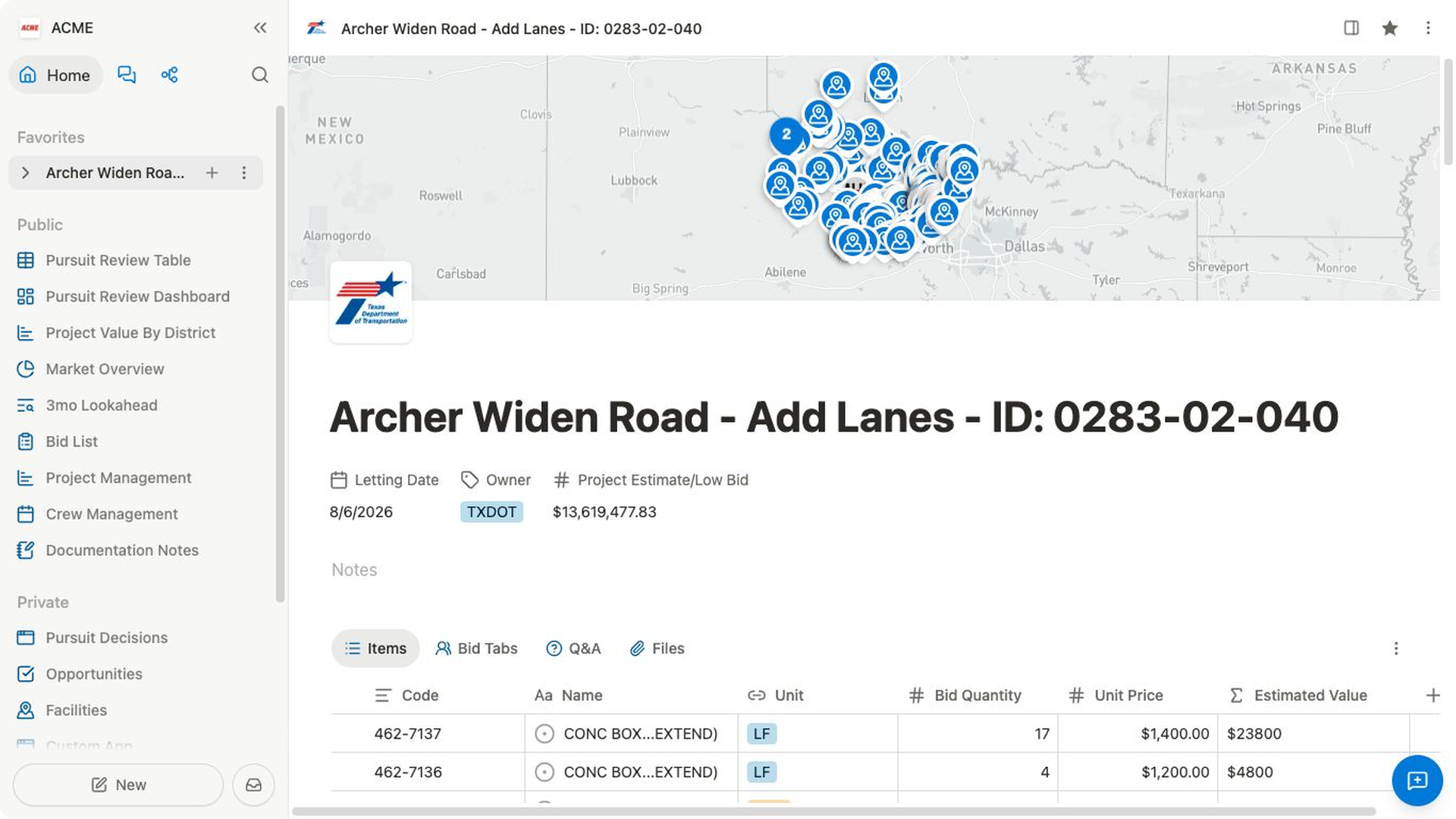 An Acme project record showing its map, title, letting date, owner, estimate, and related Items table.
