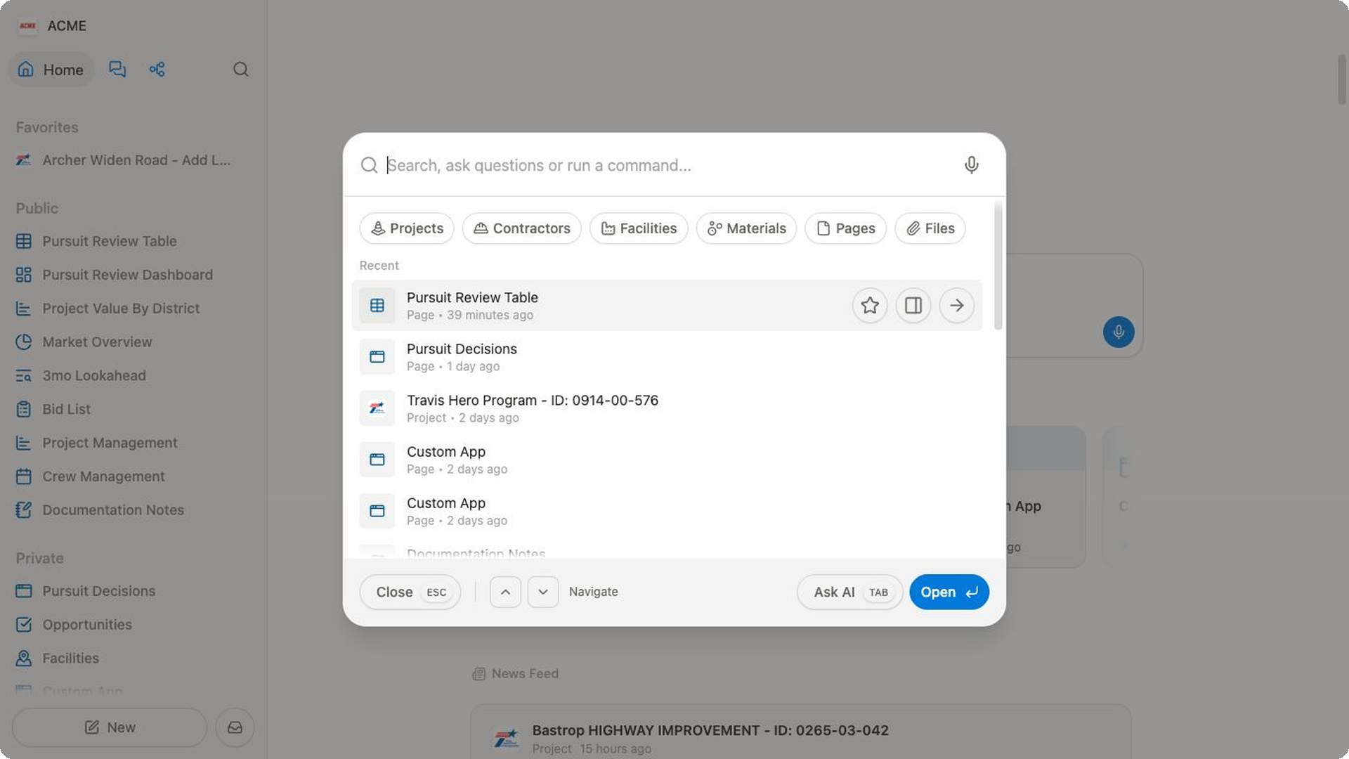 The ACME Command Palette is open for global search, with controls to navigate results, switch to Ask AI, or open the selected item.
