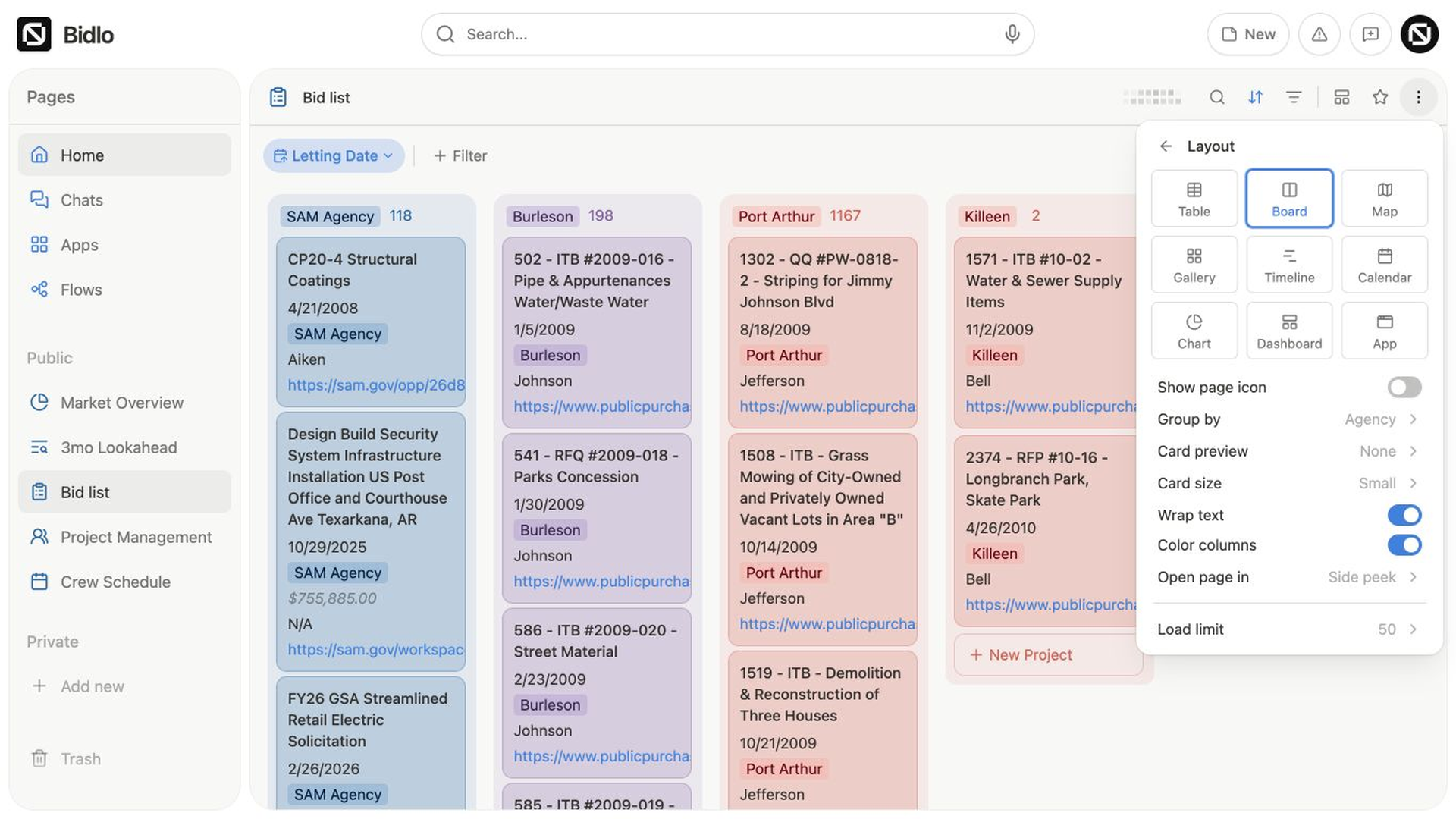 Board layout settings show Group by, Card preview, Card size, Wrap text, Color columns, and opening behavior beside the project cards.
