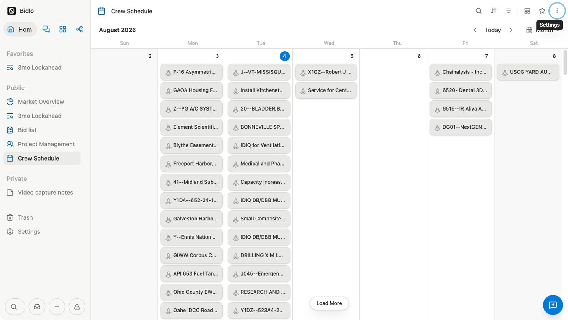 The Crew Schedule Month calendar shows August 2026, Today and range controls, and project cards placed on their scheduled dates.