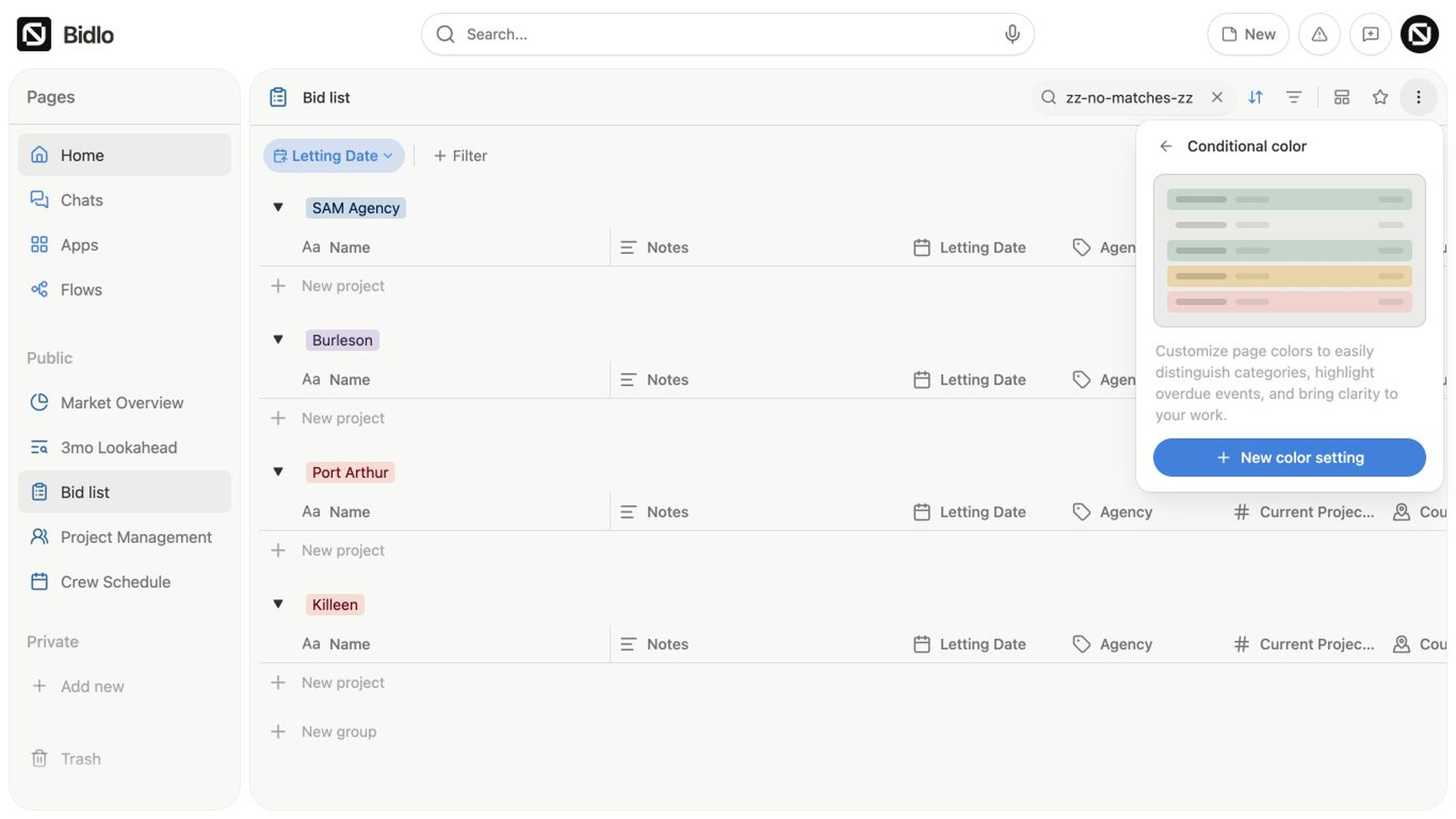 The Conditional color settings panel is open over the Bid list table with an explanation and the New color setting button.
