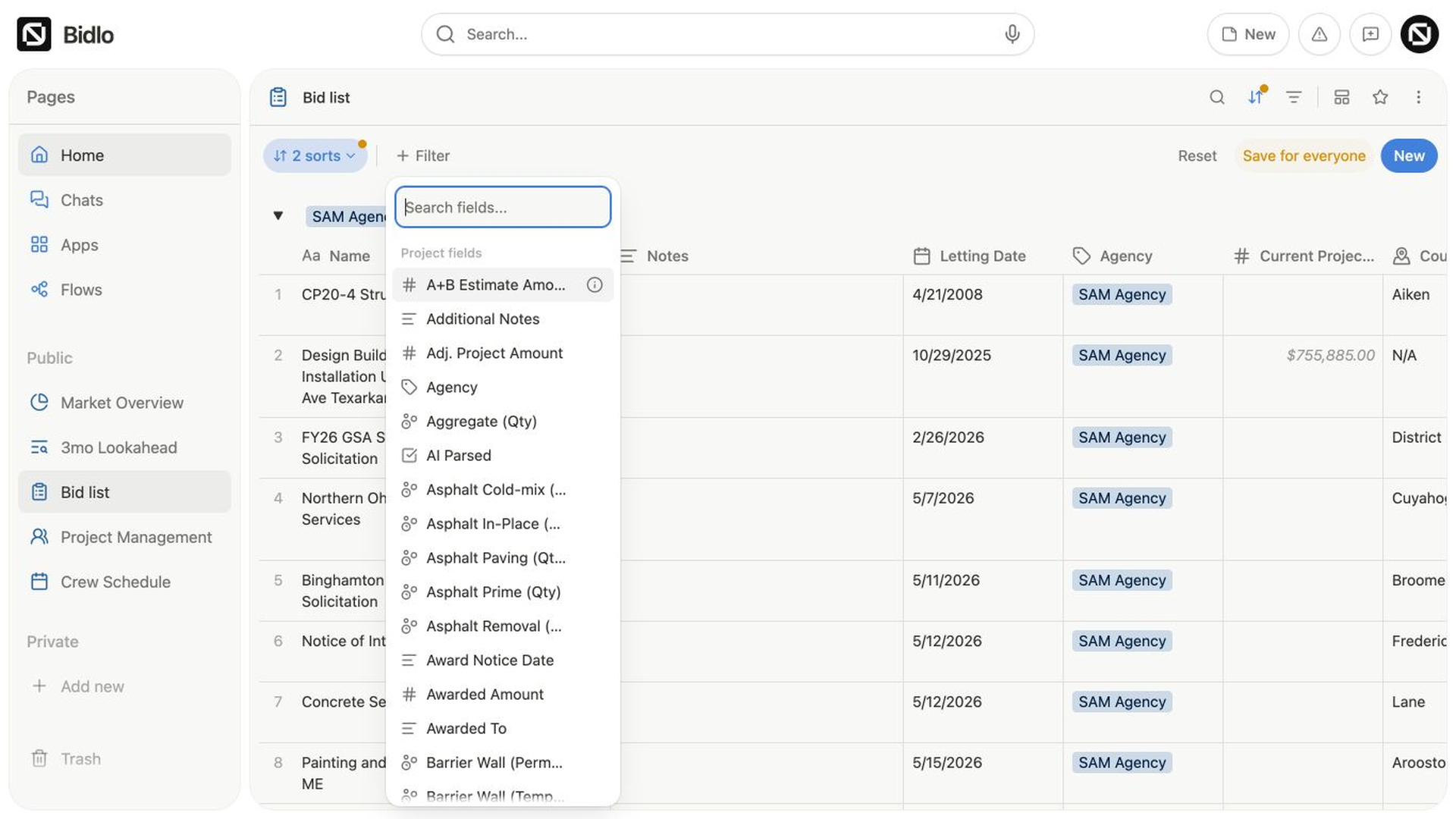 The Bid list Filter field picker is open over the grouped table and lists the available project fields.
