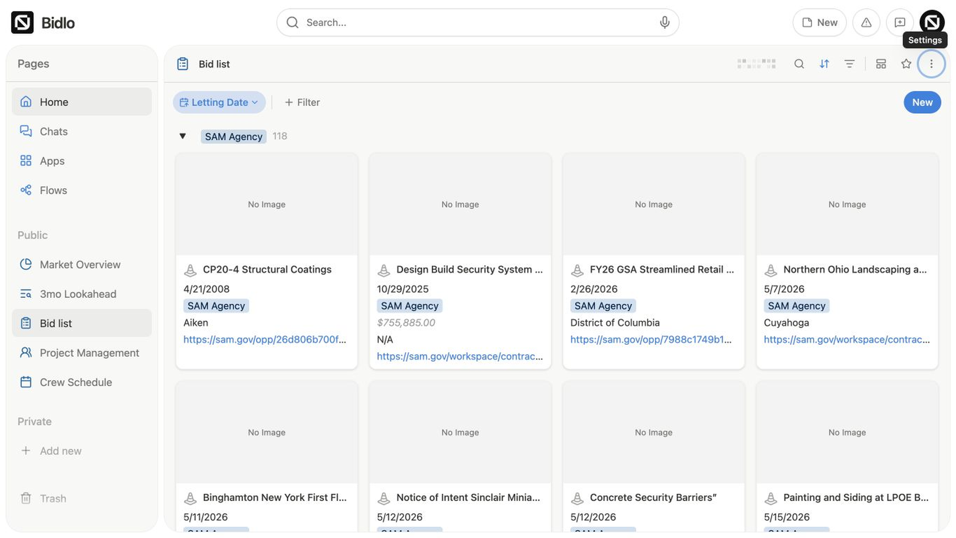 The Bid list gallery groups project cards by Agency and shows a preview area, project name, visible fields, and New Project actions.