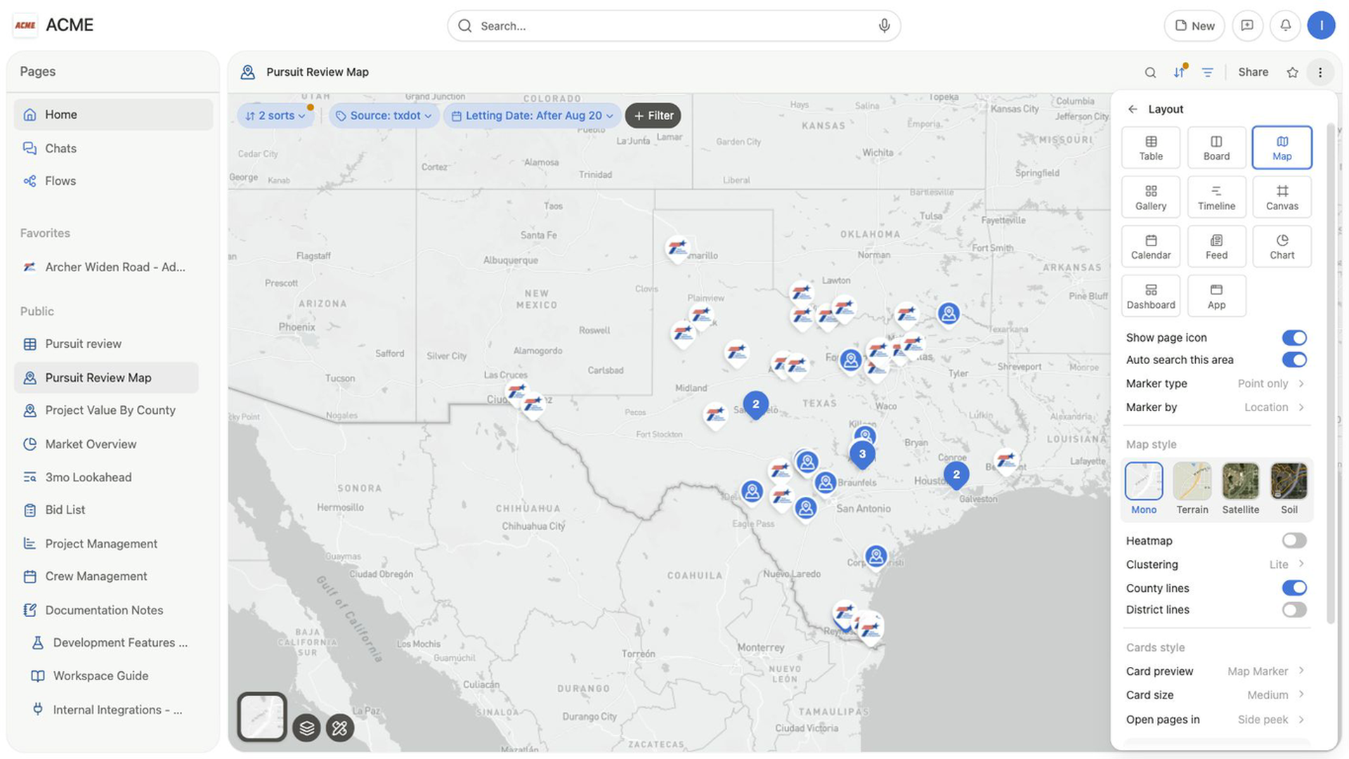 Map layout settings show Marker type, Marker by, Mono, Terrain, Satellite and Soil styles, Clustering, County lines, and District lines.