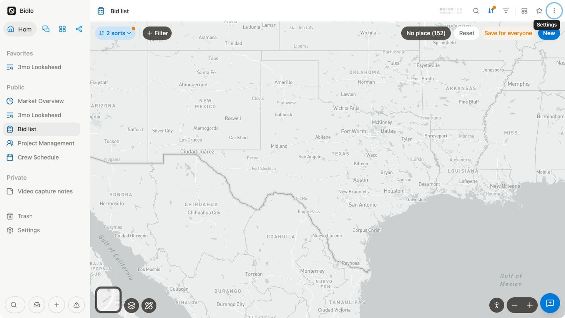 The Bid list map is centered on Texas with view controls, No place, layer and tool buttons, and a New action visible.