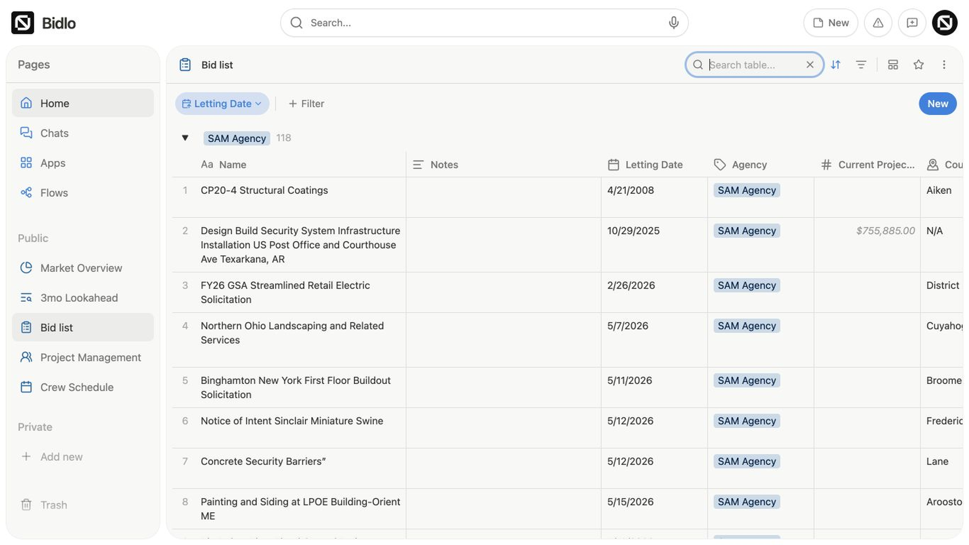The Bid list table has the Search table box expanded above its grouped project records.