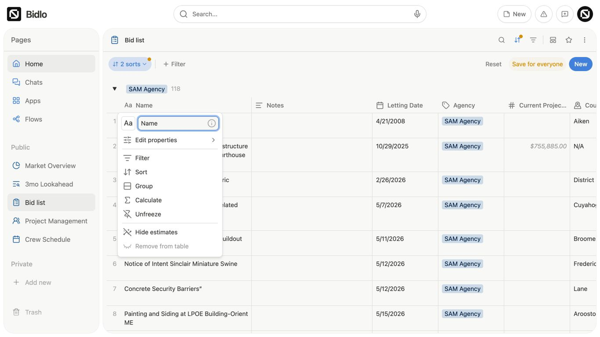 The Name column menu shows Edit properties, Filter, Sort, Group, Calculate, Unfreeze, Hide estimates, and the protected title-field removal action.