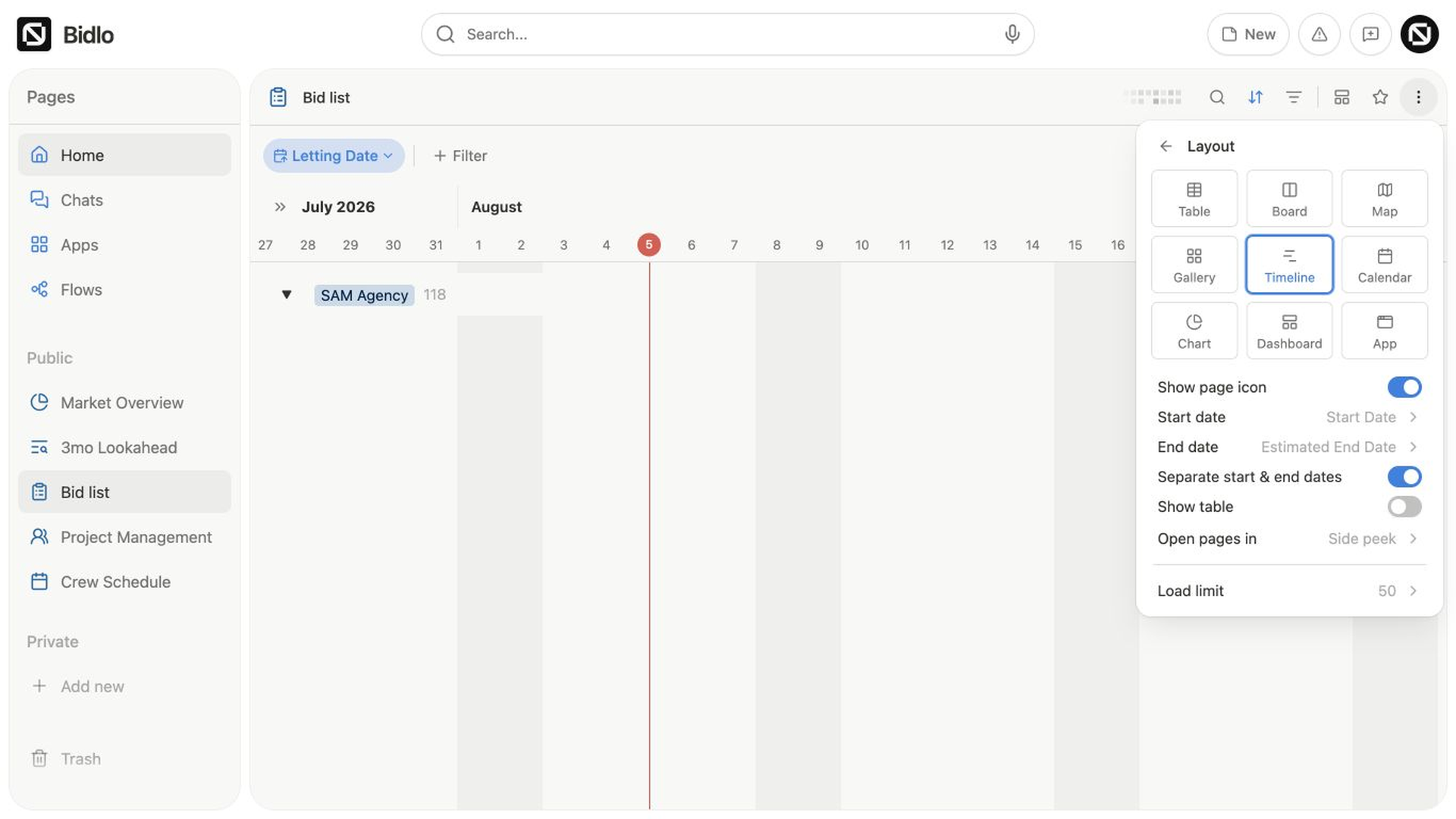 Timeline layout settings use Start Date and Estimated End Date with Separate start and end dates enabled and Show table available.