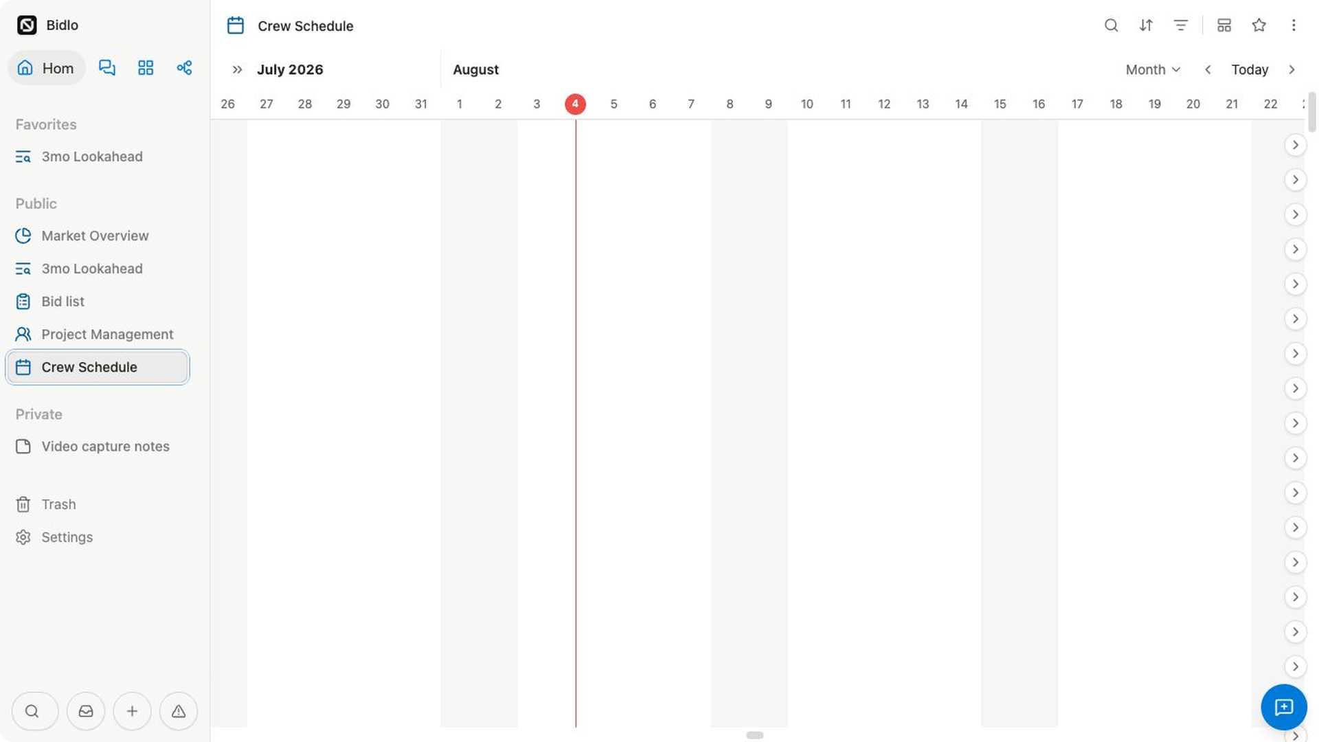 The Crew Schedule timeline spans August and September with scheduled project bars, a red today line, Month zoom, and a Today control.