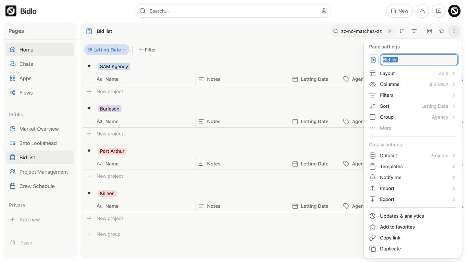 The Bid list Page settings show Layout, Columns, Filters, Sort, Group, More, and dataset actions.