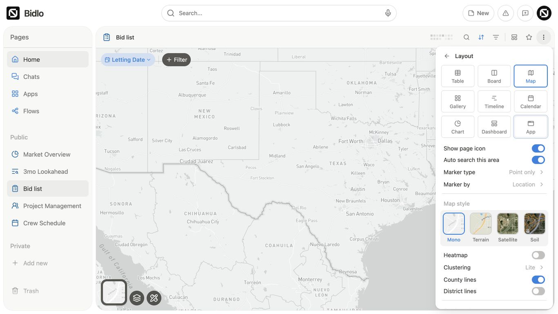 Map layout settings show marker type, location field, map styles, clustering, and boundary controls beside the Bid list map.
