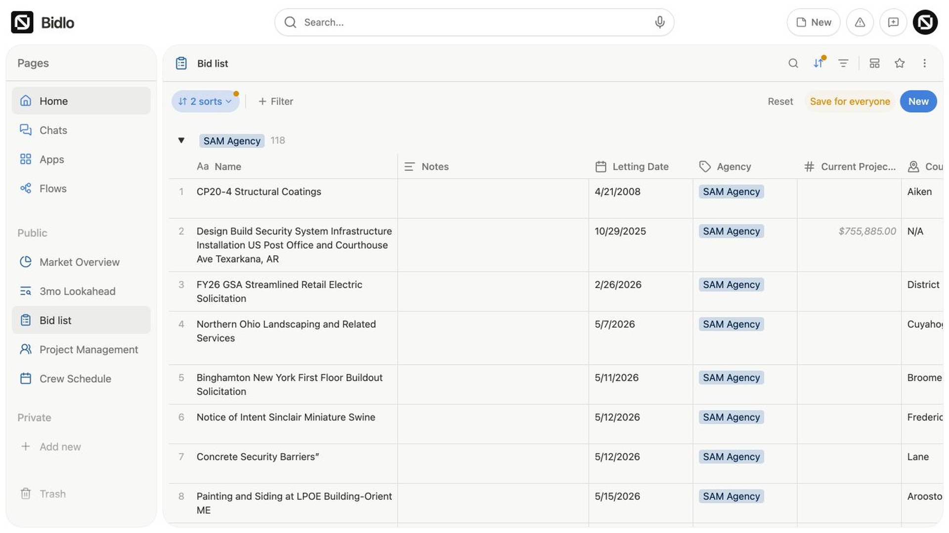 The Bid list table groups project records by Agency and displays record names, dates, agencies, values, and counties in columns.