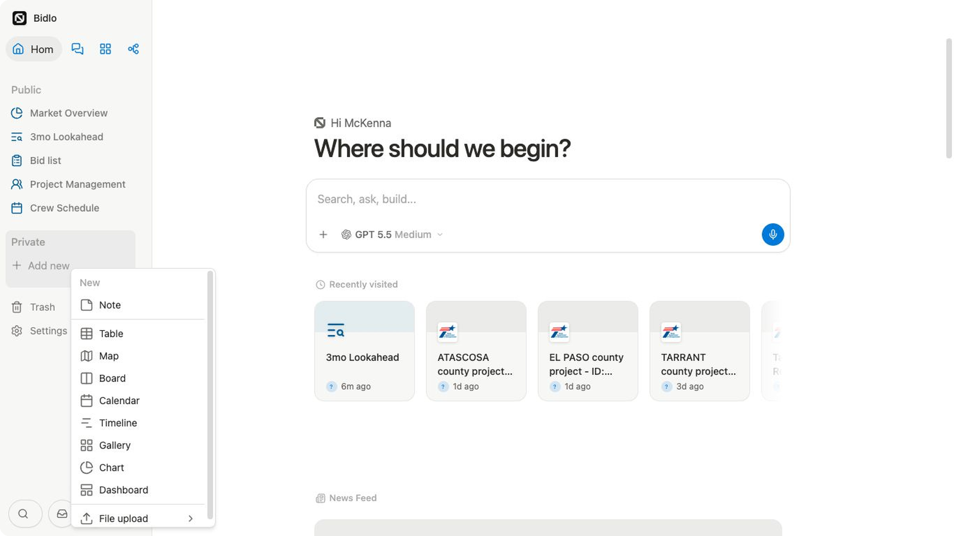 The Bidlo New menu over a Demo Account project, with Table, Map, Board, Calendar, Timeline, Gallery, Chart, and Dashboard choices.